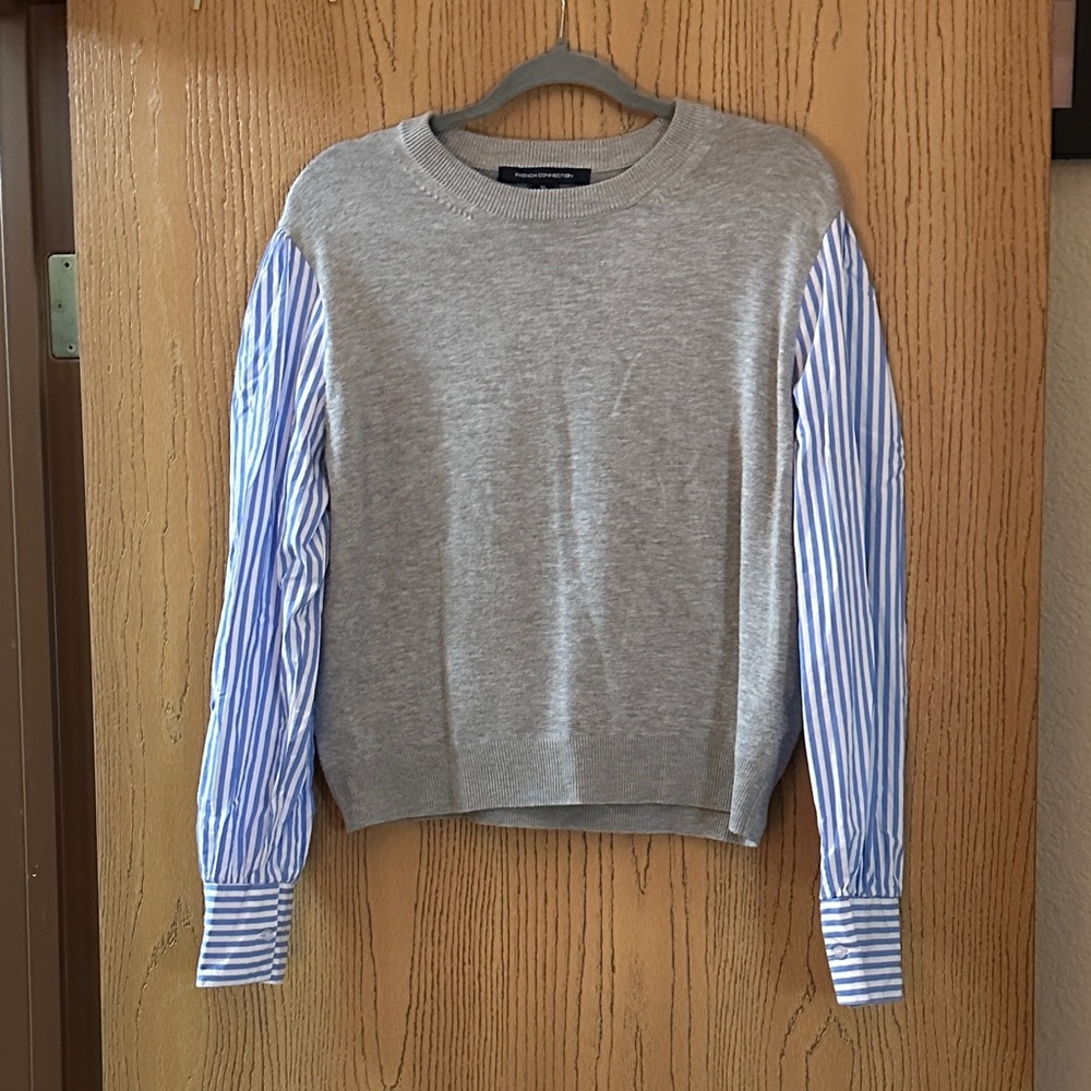 French Connection Gray Sweater with Blue Striped Sleeves